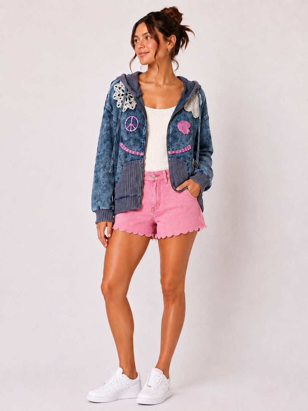 POL Womens Denim Washed Hoodie Jacket with Pink Patch Details
